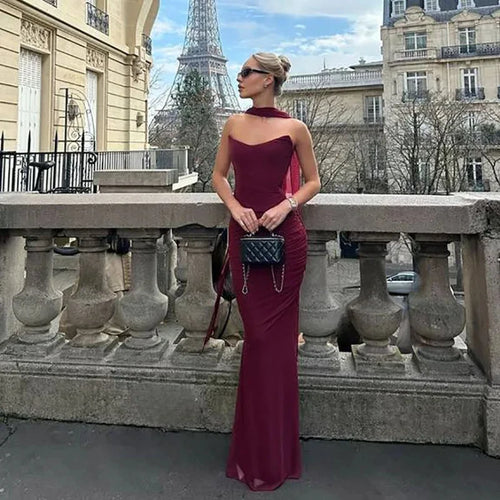 American Summer Sexy Temperament Strapless Hanging neck ribbon Backless Tight-Fitting Hip Hugging Long Dress Women's Clothing